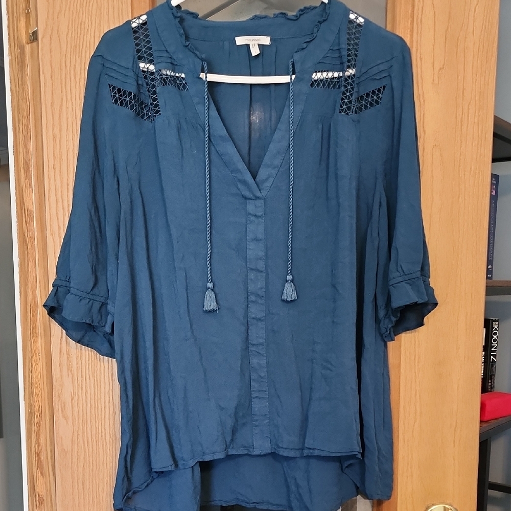 Maurices Bluish Green Blouse with Tassel Accents